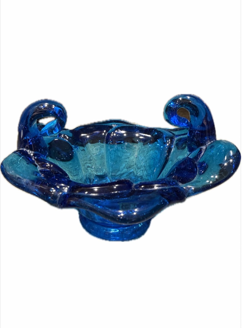 MCM Hand Blown Glass Flower Blossom Bowl Teal Cobalt Blue Scrolled Handles.